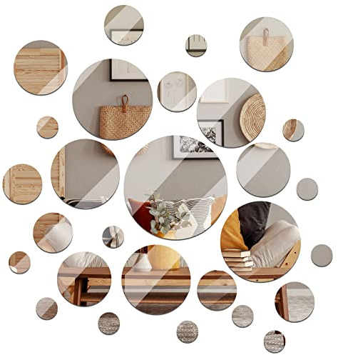 Jetec Real Glass Round Mirror Tiles Frameless Round Wall Mirrors Glass Mirror Tiles Wall-Mount Mirrors with Acrylic Double Sided Adhesive for Bedroom Bathroom Craft (28 Pcs, 1/2/3/4/5/6 Inch)