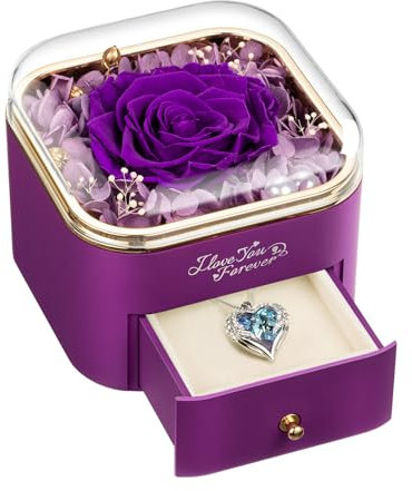 NEWNOVE Forever Real Purple Rose with Angle Wings Necklace, Gifts for Women