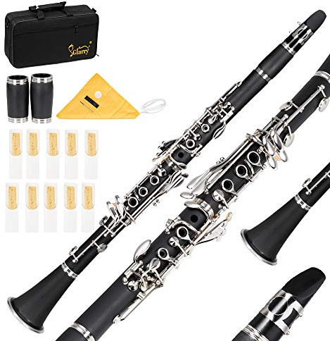 Ktaxon Bb Flat Clarinet, Mid-range Bakelite Beginner & Student Clarinet, Nickel-Plated 17 Keys B Tone Clarinets with Hard Case, Gloves, 2 Mouthpieces Connector (Black)