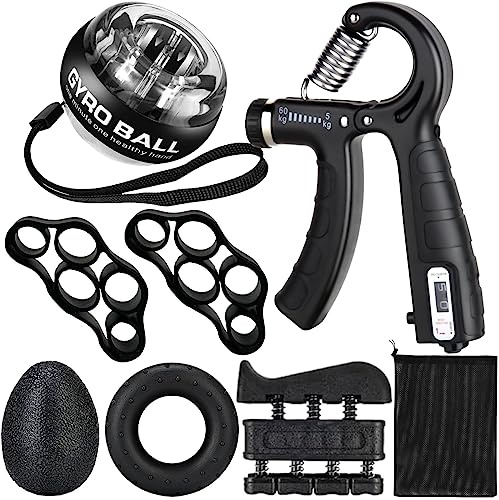 Qishangnana Hand Grip Strengthener Workout Kit (8 Pack) Forearm Grip Adjustable Resistance Hand Gripper, Finger Stretcher, Finger Exerciser, Grip Ring，Gyro Ball (black)