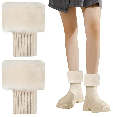 Heveer Fourrure Jambière Chauffe-Jambes Jambières Guêtres Leg Warmers pour Femme d'Hiver Couvre Jambes Chaussettes Chaudes Tricotées pour Femmes Filles Blanc Cassé