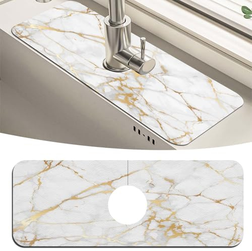 MCALK Marble White Kitchen Sink Faucet Mat Splash Guard, Absorbent Quick-Dry Kitchen Sink Mat - Ideal for Splash Guard & Drip Catching with Modern Art Decor( 1pc 15x5.5)