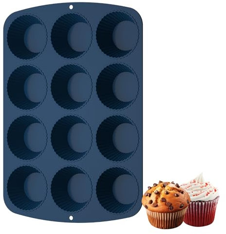 Moule à muffins en silicone - 12 moules à muffins - Plaque de cuisson antiadhésive - Sans BPA - Pour gâteaux, crème et pudding - Bleu foncé
