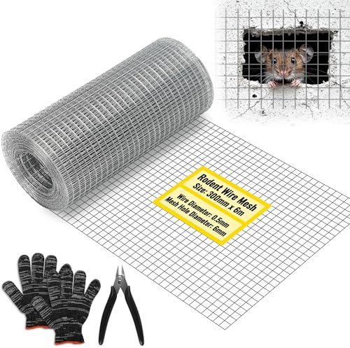 COZCLAM 300mm x 6m Rodent Mesh, Galvanised Wire Mesh with Gloves and Plier, Rustproof Metal Wire Mesh Roll Rat Mesh for Rodent Proofing, Filling in Gaps Around the Home & Garden
