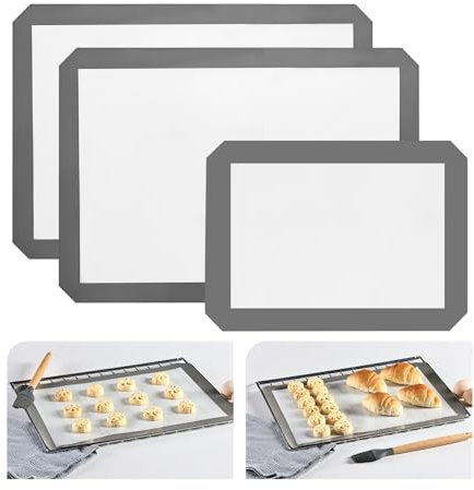 KitchenRaku Silicone Baking Mat Set of 3, 2 Half Sheets (42 x 29.5 cm) + 1 Quarter Baking Sheet Reusable Silicone Cooking Mat, BPA Free Baking Sheet for Cookies, Macarons Bread & Pastry