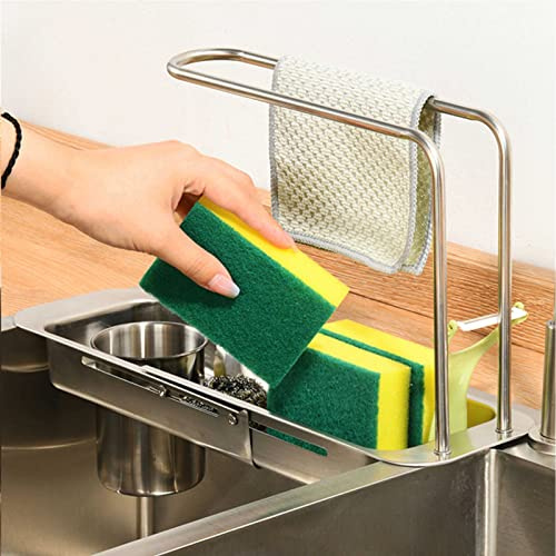 Organizer espandibile per lavello da cucina in acciaio inox, scolapiatti telescopico per porta spugna, scaffale portaoggetti per lavello da cucina, organizer salvaspazio per lavello da cucina