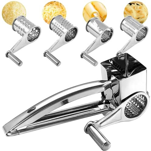 Gourmet Parmesanreibe Kurbel, Käsereibe mit Kurbel und 4 Schneidtrommeln, Parmesanreibe mit Behälter Käsereibe Edelstahl, Manuell käsereibe für Hartkäse Weichkäse Gemüse Schokolade Obst Nüsse