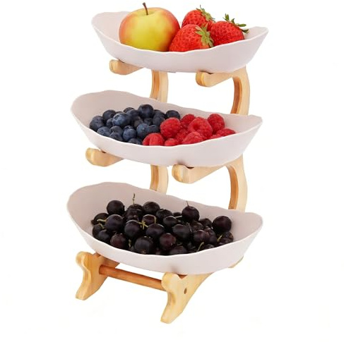 Chynalys Fruit Basket 3-Tier Serving Bowls with Stand, 3 Sizes Wooden Large Fruit Bowl, Storage Holder for Kitchen Counter, Snack Dessert Cake Tray Plate Rack for Party Wedding (Khaki)