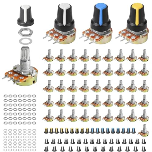 EFUTURETIME 50 x Potenciómetros B1K 5K 10K 20K 50K 100K 250K 500K 1M Ohm, Potenciómetro Rotatorio Lineal 3 Terminales con Perillas de Plástico (Blanco/Amarillo/Azul)