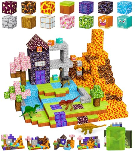 GHIAKQYT 100 stycken magnetiska byggklossar för barn från 3 år, gör-det-själv-magnetiska byggklossar med 4 dinosaurier, kreativ leksak för barn från 3, 4, 5, 6, 7, 8