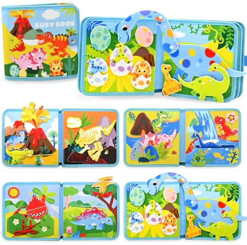 Meafeng Dinosaures Busy Board Livre Montessori Interactif 1 an, Dinosaures Book sensoriel éducatif, Jeux Montessori 1-6 Ans, Panneau de Feutre d'activité, Mallette Montessori Enfants