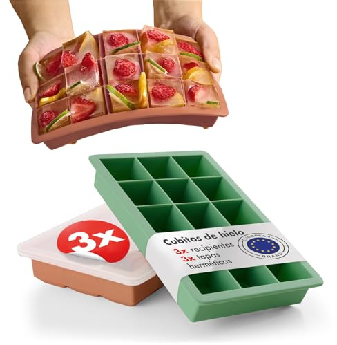 Blumtal Set di 3 stampi per cubetti di ghiaccio in silicone - Stampo per 15 cubetti di ghiaccio con coperchio - Stampo per cubetti di ghiaccio in silicone senza BPA - 2x verde oliva + rosso minerale