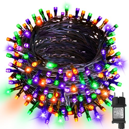 cshare Cadena de luces para exteriores de Halloween, 20 m, 200 ledes, naranja, lila, verde, enchufe con temporizador, resistente al agua, para otoño, jardín, Halloween, decoración espeluznante