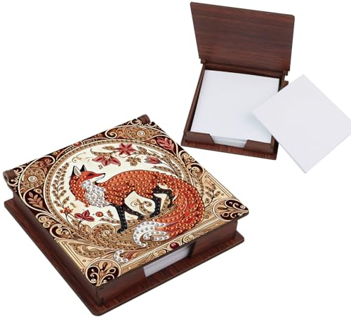 antor Scatola per appunti in legno con 160 fogli, forma speciale di volpe fai da te, supporto per blocco note artistico con strass, organizer da scrivania per ufficio e casa