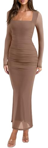REORIA Long Sleeve Wedding Guest Maxi Dresses for Women Sheer Mesh Square Neck Ruched Bodycon Long Dress 2026 Spring Outfits Chanterelle Large