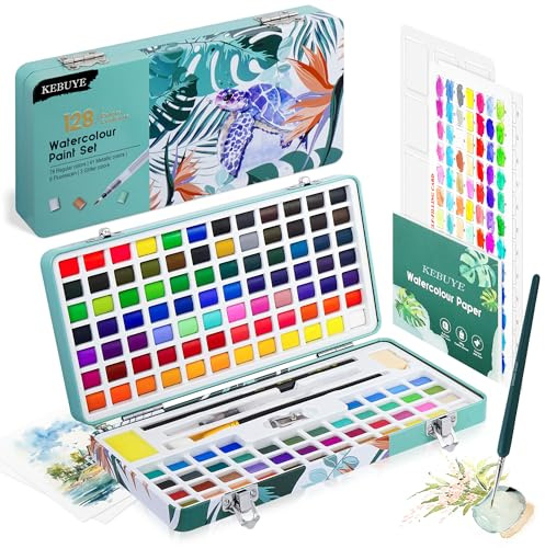 Kebuye Aquarellfarben Set 128 Farben in Tragbarer Box - Wasserfarben für Reisen Mit Zeichenstift, Pinsel und Stift für Künstler und Hobbyisten