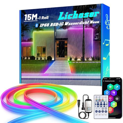 Lichaser RVB+IC Néon Ruban LED Exterieur, IP68 Bluetooth Bandeau LED avec Smart APP, 24V DIY Flexible Silikon Néon Bande LED Exterieur Etanche pour Pavillon, Balcon, Jardin, Fête, Festival (15M*1)