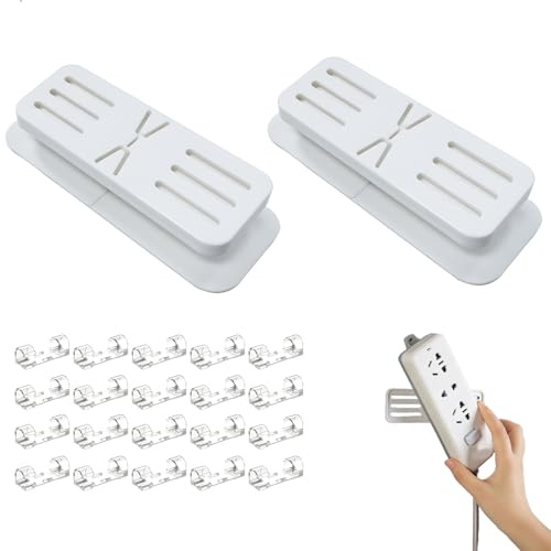 Vägggrenuttagsfäste, självhäftande power strip fixerad med sidokabelupprullare, grenuttag fäste med 20 st kabelhållare för hem, kontor, 2 delar, vit