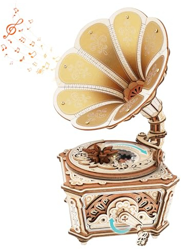 ROKR Diva Gramophone AMK82 Puzzle 3D en Bois, Boîte à Musique Mécanique Vintage, Kit DIY sans Colle, Modèle de Phonographe, Décoration et Cadeau pour Adultes