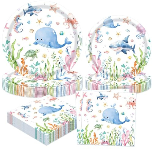 40PCS Ocean Plates and Napkins Under the Sea Decorations Sea Animal Party | Underwater Beach Summer Birthday Party Supplies 10 Guest