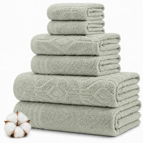 Modern Threads 6 Piece Cotton Bath Towel Set – Ultra Soft 550 GSM Towels – Bathroom Set with Hand Towels and Washcloths – Geometric (Soft Olive)