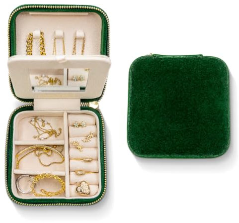 Benevolence LA Jewellery Box for Women | Travel Jewellery Box | Small Jewellery Case Organiser | Velvet Jewellery Organiser | Earring Organiser Box with Mirror - Emerald