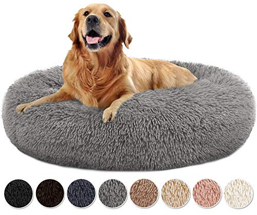 Yurun Hundsäng, djursäng, kattsäng, hundsoffa, kattsoffa, tvättbar hundsäng, fluffig rund hundkudde för stora och extra stora hundar – grå 120 x 120 x 20 cm
