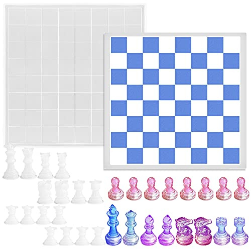 SENHAI Ensemble de moules en résine, 1 moule en silicone pour plateau de jeu à damier et 16 pièces d'échecs 3D en résine, pourfabrication la les loisirs créatifs, les jeux de société en plein air
