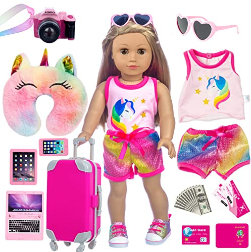 XFEYUE 23 Pcs American 18 inch Doll Clothes and Accessories - Suitcase Luggage , Pillow, Sunglasses, Camera, Passport, Mobile Phone , Computer Doll Travel Gear Play Set (No Dolls)