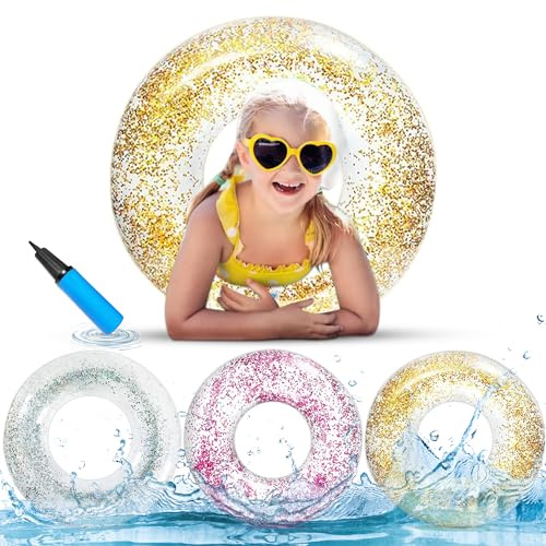 Anas Pool Floats Rings, Inflatable Swimming Pool Floating Rings, Summer Fun Glitter Multicolor Swim Tube Pool Floaties, Summer Outdoor Floats 3 Pack