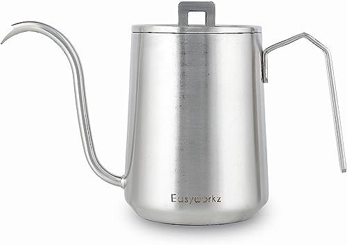 Easyworkz Kaffeekanne mit Schwanenhals, 600 ml, Edelstahl, Handtropfen, Kaffeekanne mit langem schmalem Ausguss, gebürstetes Silber