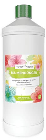 TerraDomi Blumendünger | Für alle Beet-, Terrassen- oder Zimmerpflanzen | Für Blumen im Innen- und Außenbereich | Stärkt Blüte und Wurzel | 1 Liter
