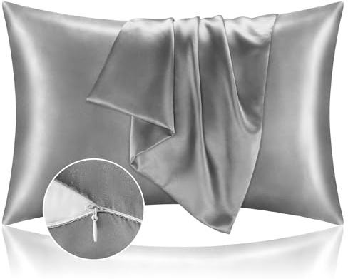BEDELITE Zipper Satin Pillowcases, Standard Size 20x26, Grey, Set of 2
