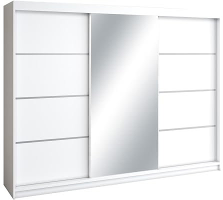 BEAUTY SOFA Mars Meble Mono Kleiderschrank mit Spiegel, Garderobe mit Hochglanz, Schwebetürenschrank mit Schubladen, Schiebetür Garderobenschrank, Schiebetür Schrank, Schwebetürenschrank 200cm, Weiß