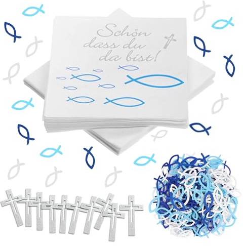 117 Stück Konfirmation Deko,20 Blaue Fisch Servietten + 72 Holz Fische Deko 'schön, Dass Du Da Bist!' 1 Kommunion Tischdecke Konfirmation Tischdeko Tischdeko Servietteen Taufdeko Tisch