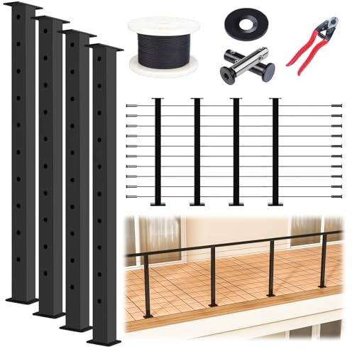 Muzata 15-20FT Modular Black Cable Railing Kit 36 Inch 4 Level Post Kit Complete Set Cable Railing System for Decks Length Adjustable Easy DIY with Paper User Guide (No Handrail) RWS2 BH4S