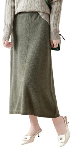 Ailaile Falda de longitud media para mujer, para otoño e invierno, 100 % lana merino, falda larga acanalada, elástica, lisa, casual, cálida