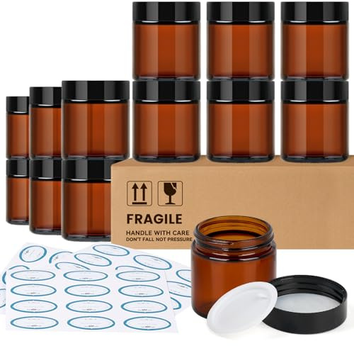 Qeirudu 4 Oz Small Amber Glass Jars with Black Lids, 12 Pack Airtight Cosmetic Jars with Inner Liners Round Empty Sample Containers for Lotions, Creams, Candles, Body Butters, Essential oil