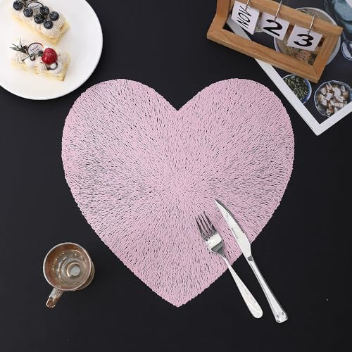 Hosoncovy 4 Pack Heart Placemats Table Mats Set Washable PVC Non-Slip Heat Resistant Table Place Mats Dinner Mats Meal Mat for Kitchen and Dining Room for Wedding (Pink)