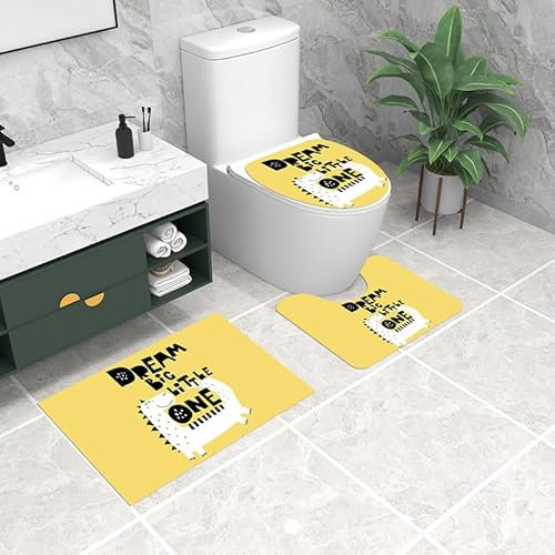 Badezimmerteppich Schwarzer Gelber Druck WC Vorleger mit Ausschnitt WC Deckelbezug 3 Teiliges WC Teppich rutschfeste Badgarnitur U förmiger Badematte Waschbar Bad Teppiche Set 50x80 cm