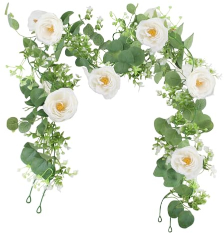 2 Piezas Guirnaldas de Flores Artificiales de Eucalipto 1.8m Guirnalda Artificial Flores de Peonías Camelia Blancas Vid de Seda Plantas Decorativa para Decoración Boda Jardín Balcón Exterior Interior