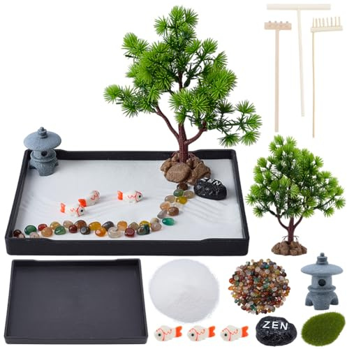 WEBEEDY Kit Zen Garden 21 x 15.7 cm, Bricolage Bac à Sable Thérapie Décoration de Méditation pour Bureau, Mini Décoration Japonaise avec Rochers Ensemble Cadeau pour Relaxation de lesprit Accessoires