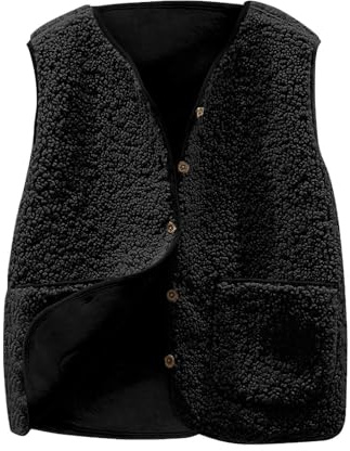 Teddy Fleece Gilet For Women Fur Faux Vest Sleeveless V-neck Button Down Vest Sherpa Fluffy Waistcoat Lightweight Cozy Gilets Ladies Winter Soft Jacket With Pockets Fuzzy Coat Outwear