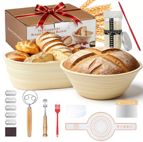 Snorthy 19 Pezzi Set di Cestini Lievitazione Pane 23cm e 25cm Cestino Lievitazione Pane con Raschietto per Pasta, Frusta per Impasto Kit Completo per Pasta Madre per Principianti, Panettiere Esperto