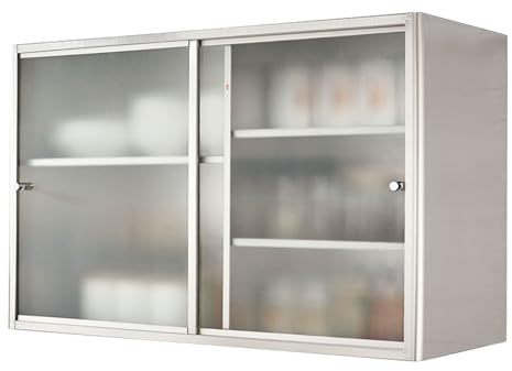 Pensili Cucina Mobilettoo Da Parete in Acciaio Inox Con Ante In Vetro Ripiani Regolabili Design Con Ante Scorrevoli for Articoli Essenziali O Decorazioni,il Soggiorno Pensile Inox Cucina(60*38*30cm)