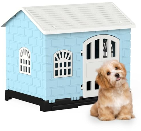 COSTWAY Plastic Dog House, Indoor Outdoor Pet Shelter with Slanted Roof, Removable Toilet Tray, Lockable Door & 3 Windows, Weather-Resistant Puppy Kennel for Small Dogs Cats Rabbits (Light Blue+White)