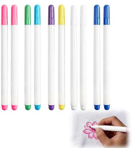 Witflew 10 Pcs Water Erasable Fabric Pens, 7 Color Temporary Fabric Pens Sewing, Water Soluble Pen Auto-Vanishing Ink Trick Marker for Quilting, Sewing, Cross Stitch, Dressmaking
