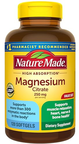 Nature Made Magnesium Citrate 250 mg per serving, Magnesium Supplements for Men and Women, Support for Muscle, Nerve, Bone and Heart, 120 Softgels, 60 Day Supply