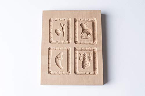 Springerle-Model 4 Motive, Holz Form Birnbaum, Backform für Anisgebäck, ca. 9,5 x 12 cm, letzte Stückzahlen!