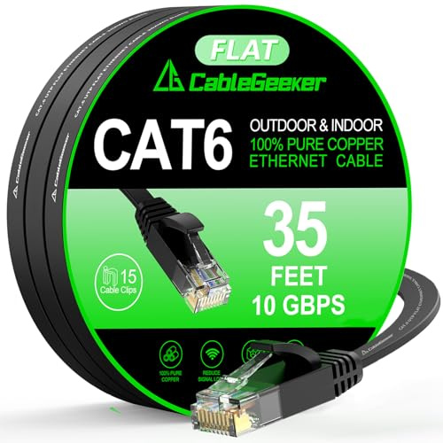 Cat 6 Ethernet Cable 35 ft, Indoor&Outdoor, High Speed 10Gbps Flat Internet Network Cable, Pure Copper Ethernet Patch Cable Long, Computer LAN Cable with Clips & Straps for Router, Modem, PS4/5, Black